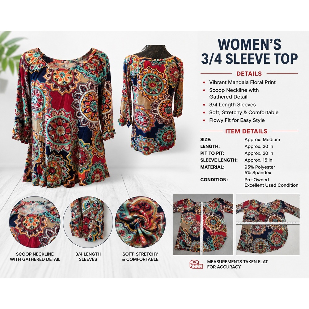 Womens Mandala Floral Print Scoop Neck 3/4 Sleeve Top Red Blue Medium